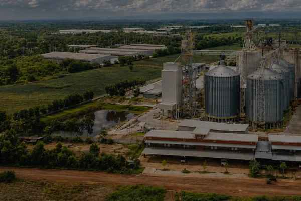 Commercial livestock feed pellet production line project, big animal feed mill factory aerial photo