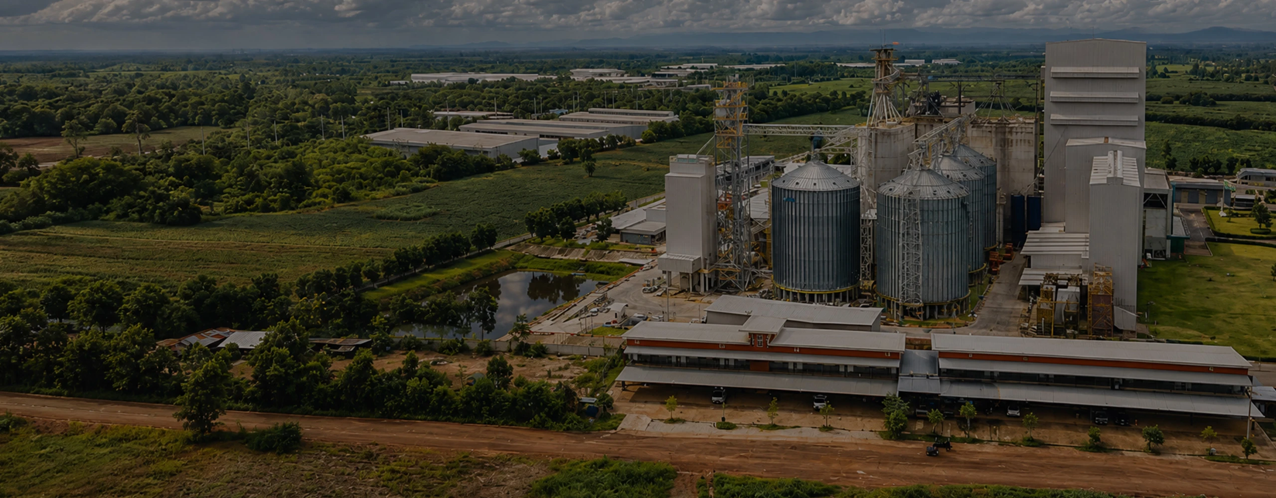 Commercial livestock feed pellet production line project, big animal feed mill factory aerial photo